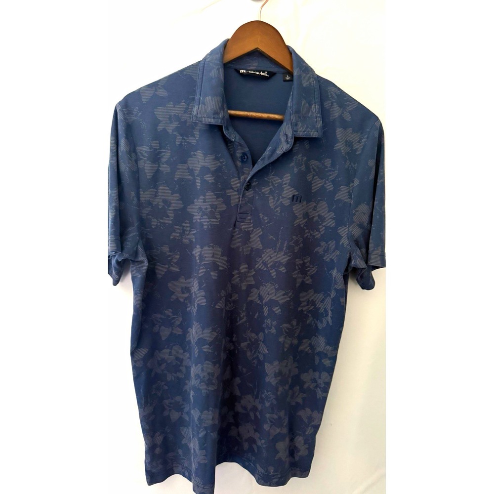 TravisMathew Men's Blue Floral Polo Shirt L Short Sleeve 3-Button Logo